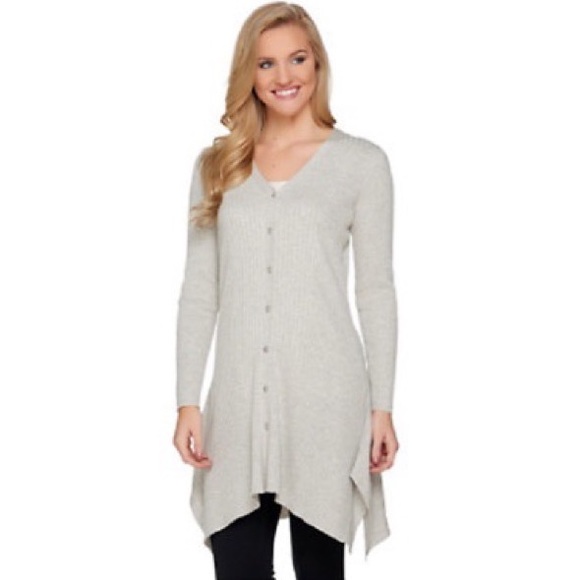 H by Halston Sweaters - H by Halston Button Rib Cardigan Handkerchief Hem